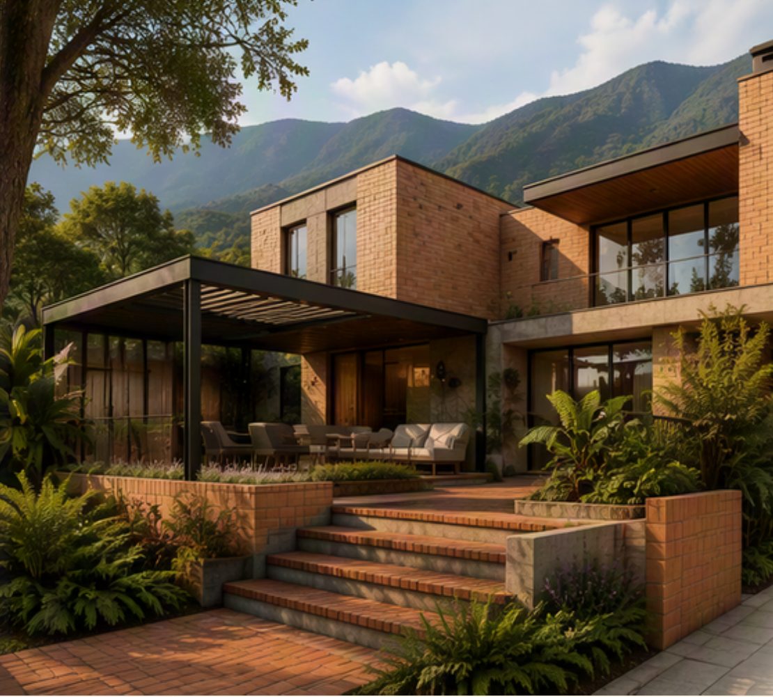 Vivienda contemporánea en ladrillo de arcilla con escaleras y jardín