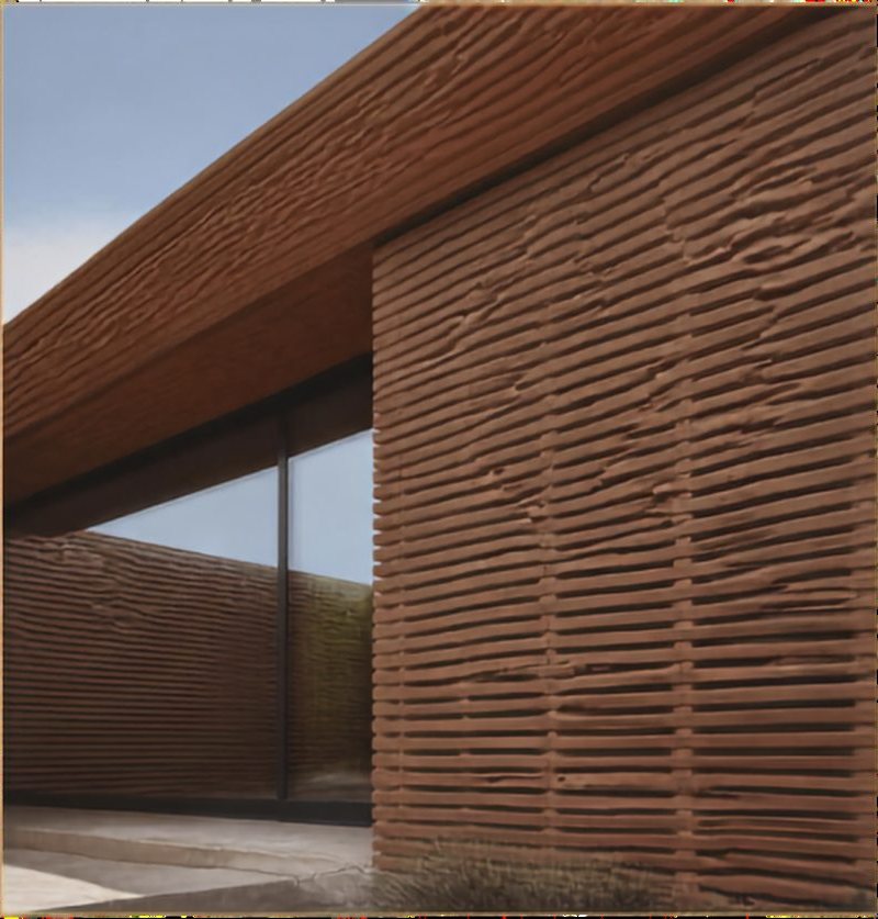 Fachada con celosía de arcilla de textura ondulada
