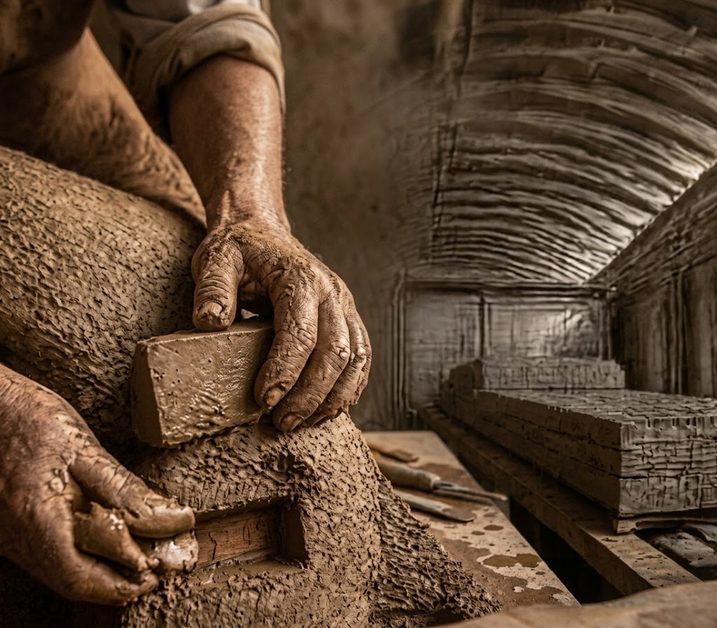 Manos de un colaborador moldeando una pieza de arcilla